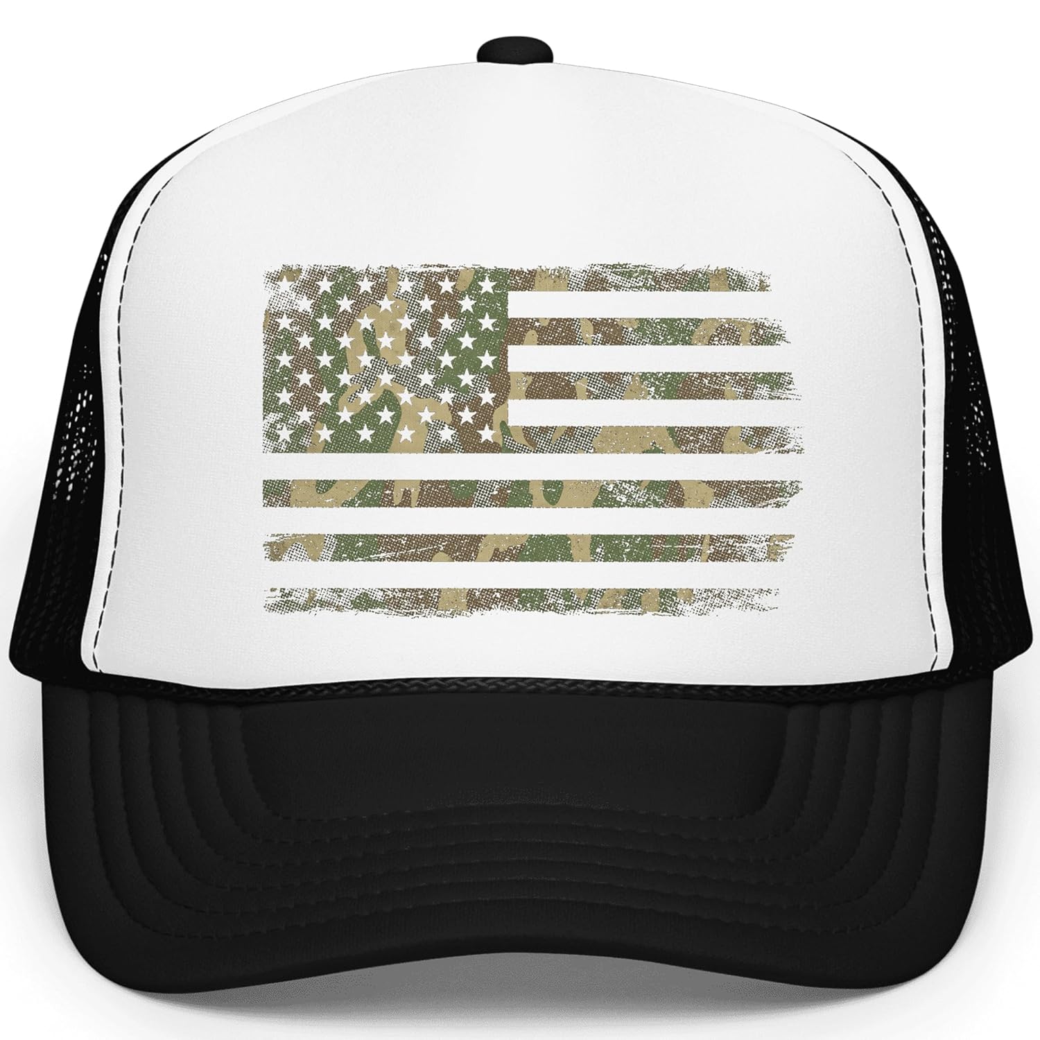 Close-up view of distressed camo American flag graphic on white trucker hat front panel