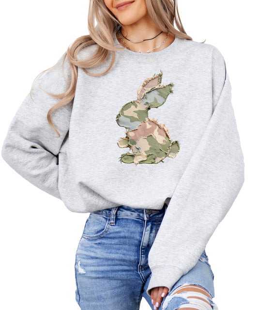 Olive Loves Apple Ink-Printed NOT actual Fabric Patchwork Camo Easter Bunny Sweatshirt for Women Teens Kids Spring Pullover