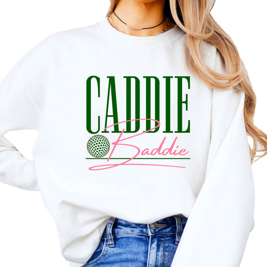 Side view of woman modeling trendy Caddie Baddie pullover sweatshirt