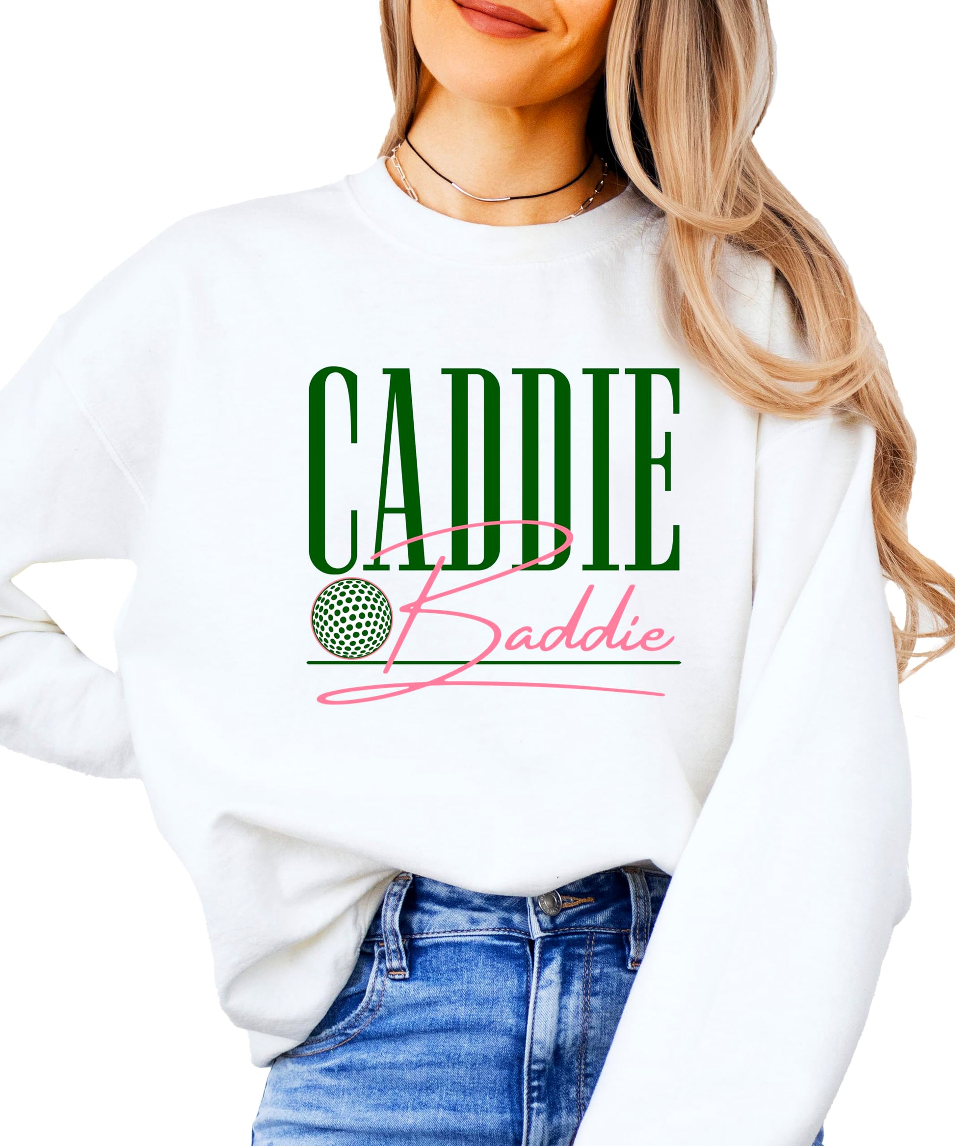 Side view of woman modeling trendy Caddie Baddie pullover sweatshirt
