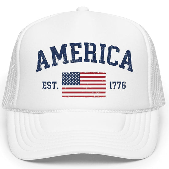 Multiple angle view of patriotic snapback trucker hat with vintage Americana design