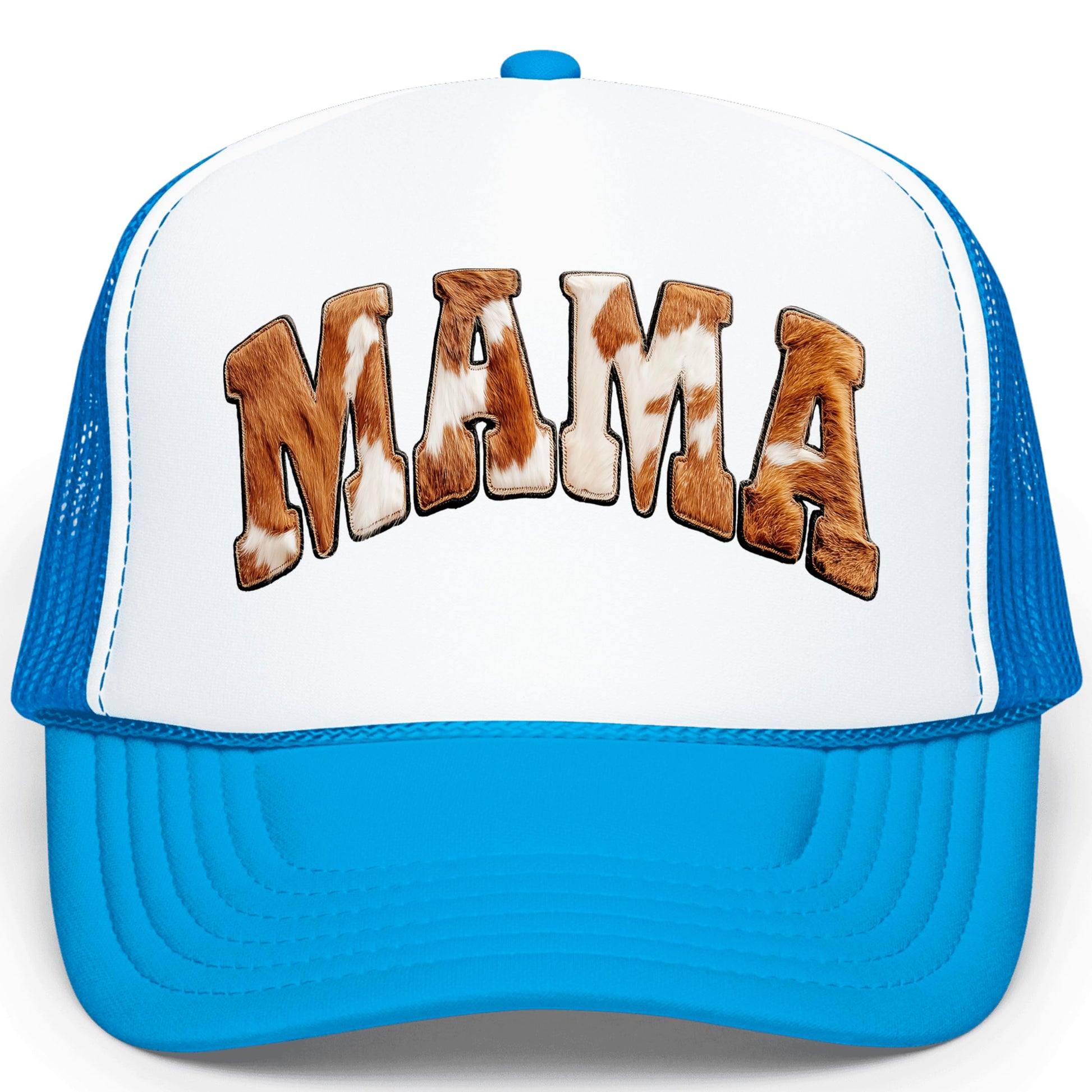Front angle view of Howdy cowhide trucker hat displaying bold lettering and cow print design
