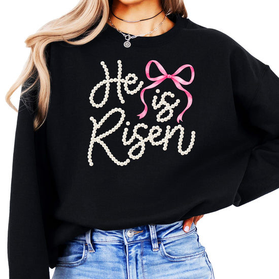 Back view of He Is Risen Easter pullover sweatshirt in army green color