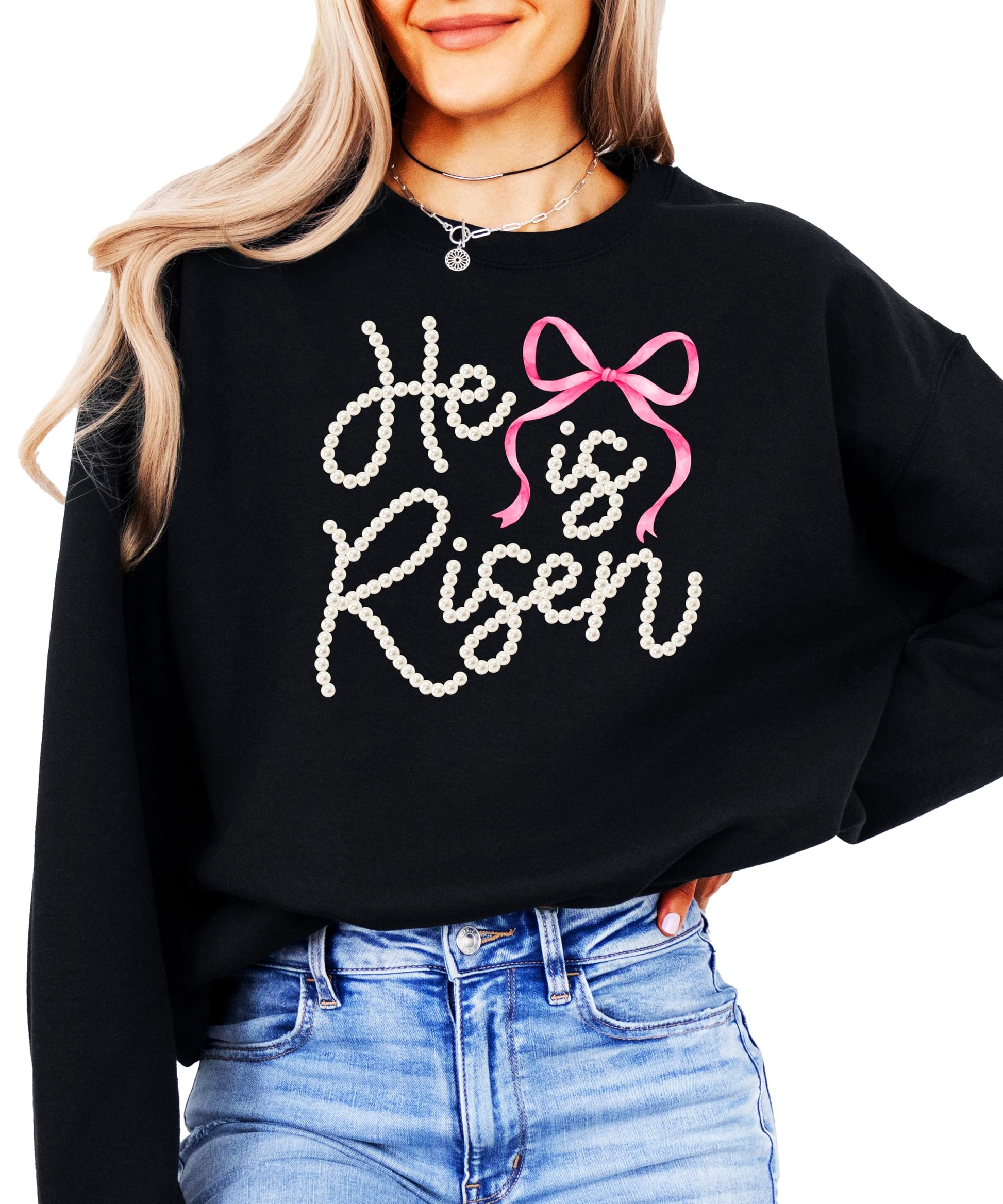 Back view of He Is Risen Easter pullover sweatshirt in army green color