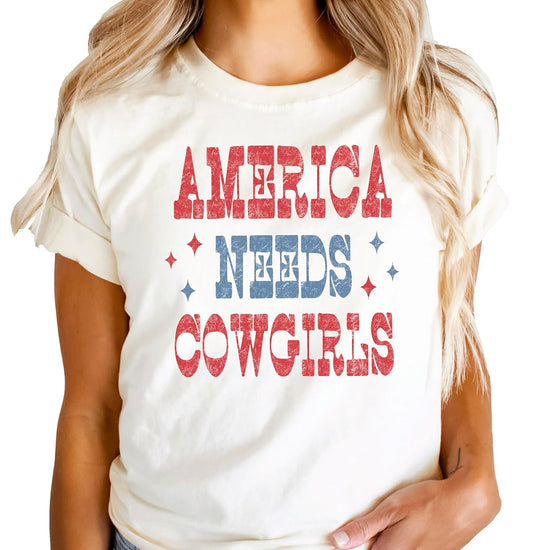 America Needs Cowgirls shirt product flat lay showing vintage western design details