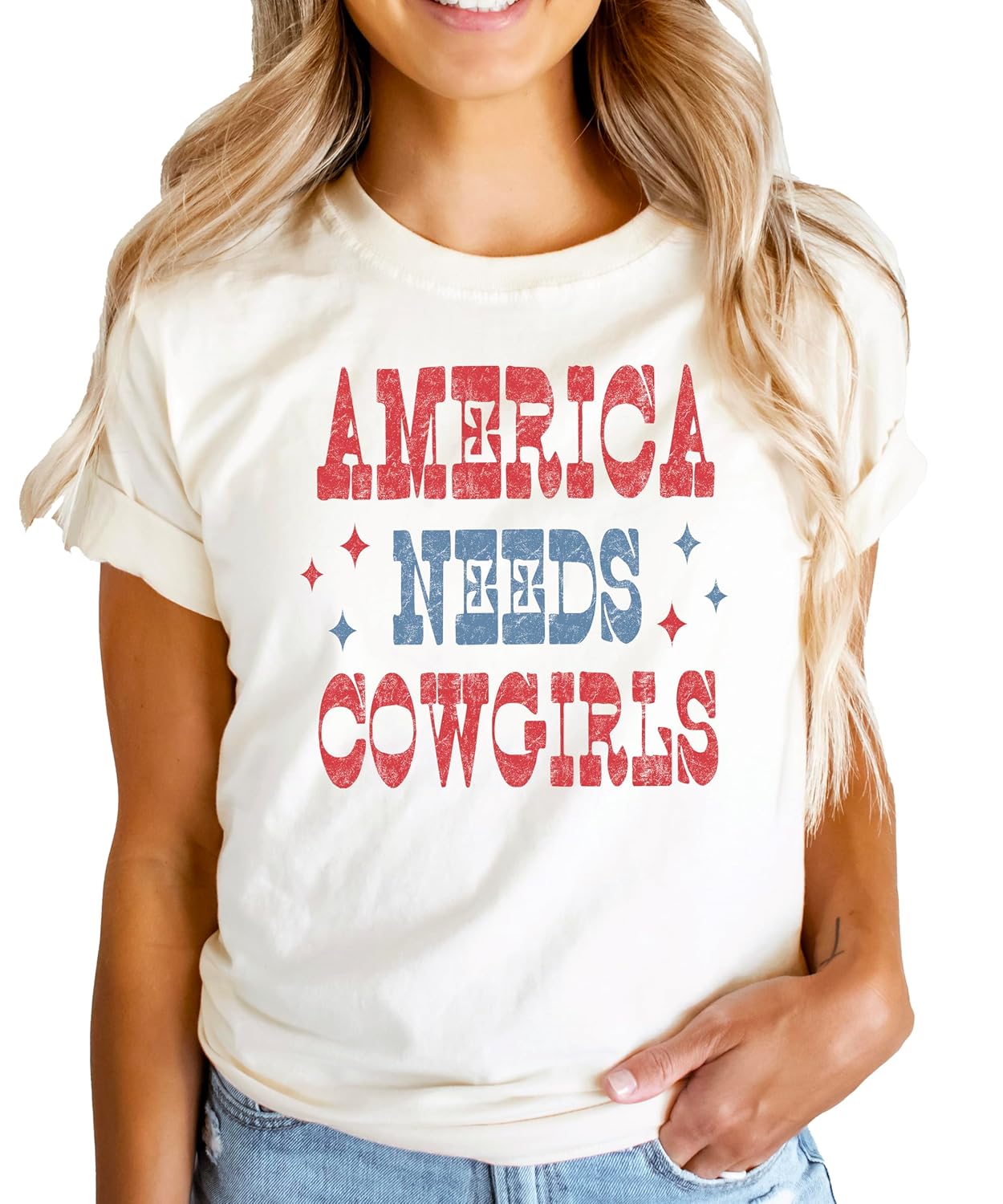 America Needs Cowgirls shirt product flat lay showing vintage western design details