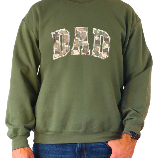 Army green camo dad sweatshirt with hunting text design on chest