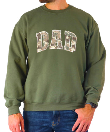 Army green camo dad sweatshirt with hunting text design on chest