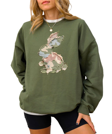 Olive Loves Apple Ink-Printed NOT actual Fabric Patchwork Camo Easter Bunny Sweatshirt for Women Teens Kids Spring Pullover
