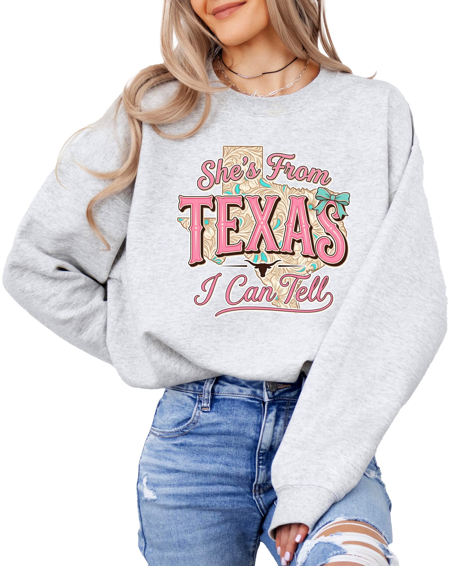 Model wearing army green Texas cowgirl sweatshirt demonstrating fit and style