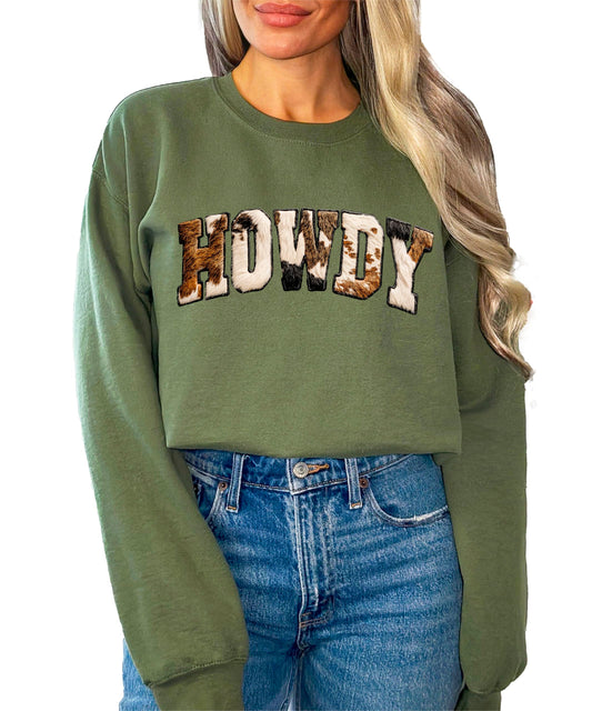 Olive Loves Apple Ink-Printed Image Not Actual Cowhide Howdy Country Western Cow Print Sweatshirt for Women & Youth Girls