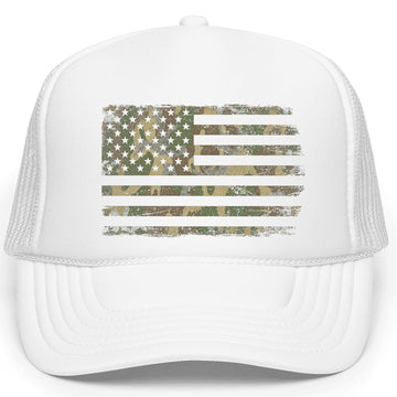 Camo American Flag Trucker Hat - Patriotic Snapback Cap
