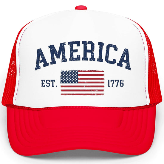 Back view of America Est 1776 hat showing adjustable plastic snapback closure