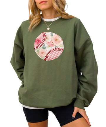 Olive Loves Apple Ink-Printed Image Not Actual Patchwork Floral & Gingham Baseball Sweatshirt for Women & Youth Girls