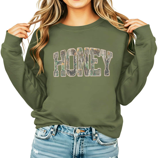 Honey Camo women's sweatshirt in army green camouflage print crewneck style