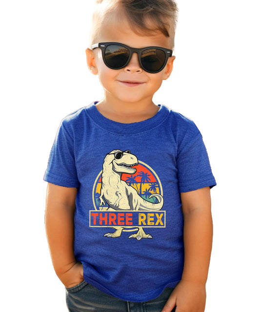 Three Rex dinosaur birthday shirt laid flat showing full design and fit