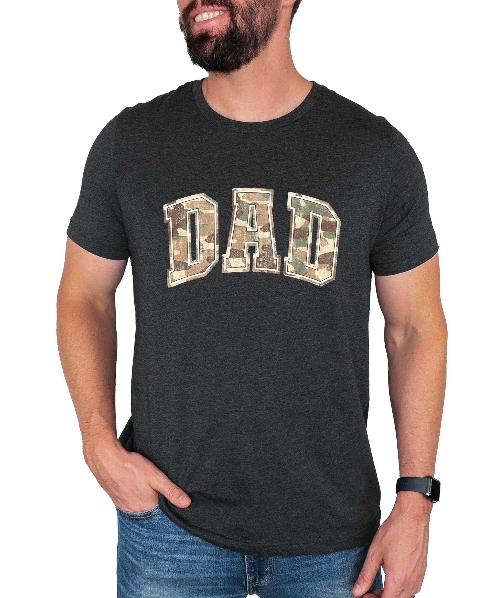 Back view of men's black dad hunting graphic t-shirt