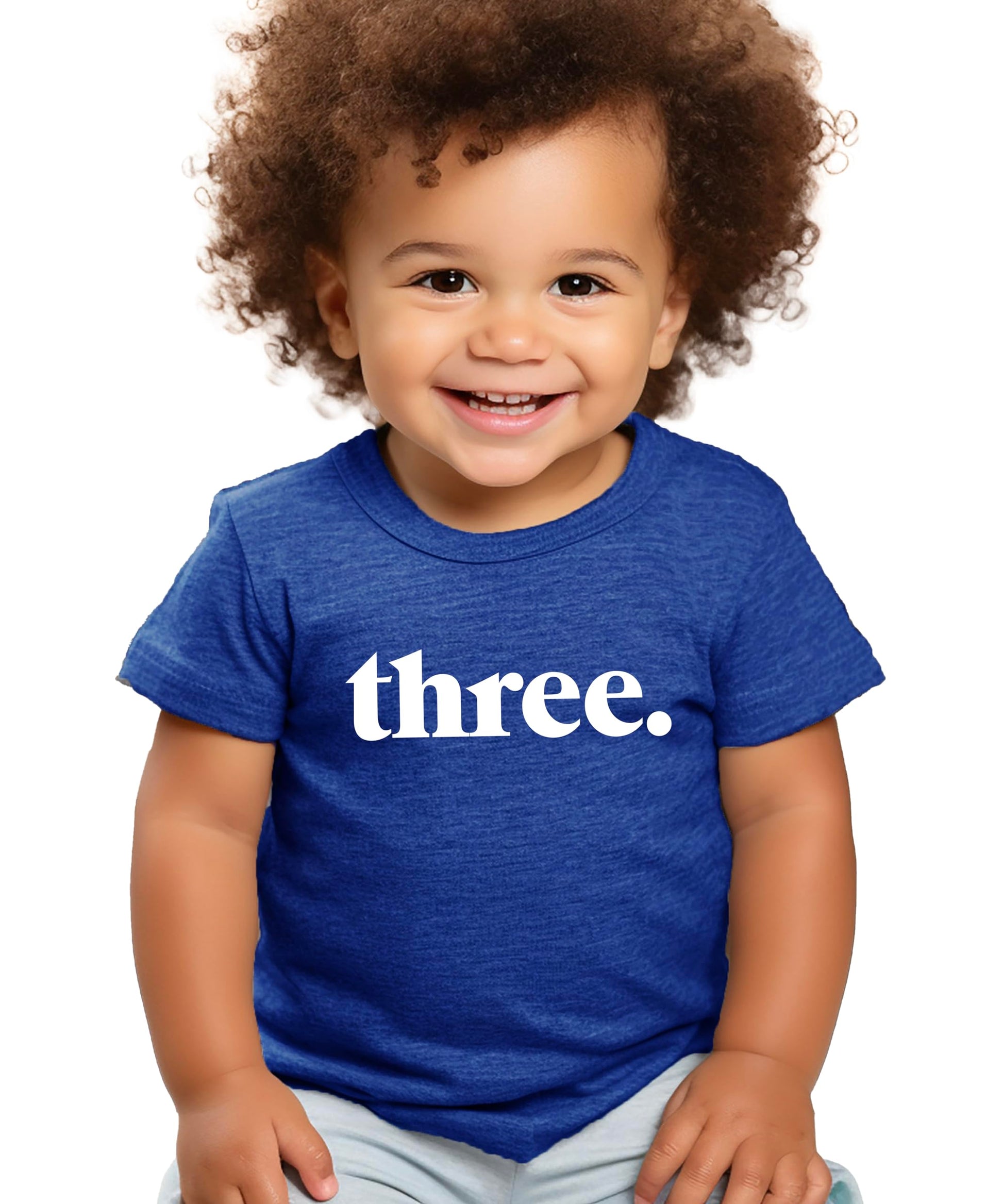Three period 3rd birthday shirt on toddler with party hat