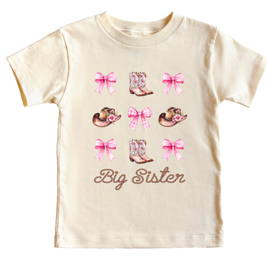 Big sister western cowgirl shirt with pink boots, hats and bows design on natural colored tee