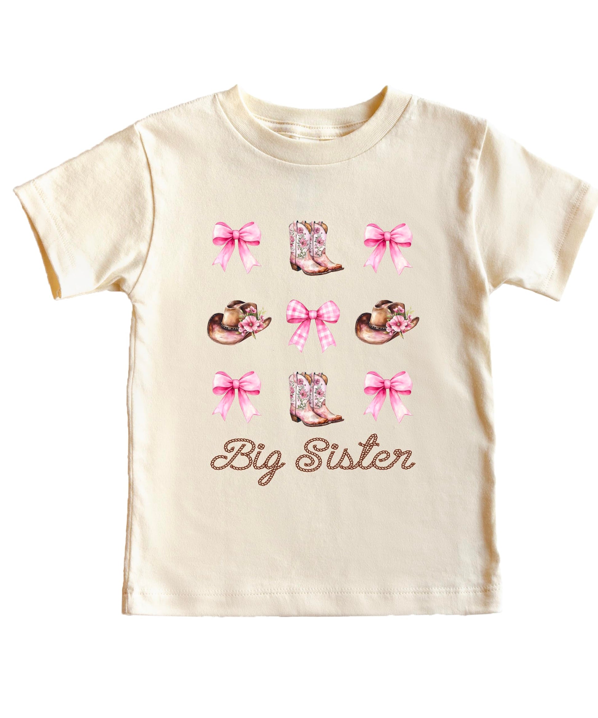 Big sister western cowgirl shirt with pink boots, hats and bows design on natural colored tee