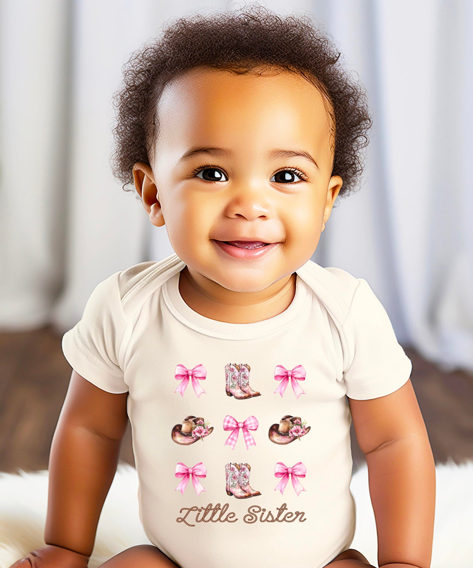 Little Sister baby bodysuit with western cowgirl theme featuring cute bow and boot graphics