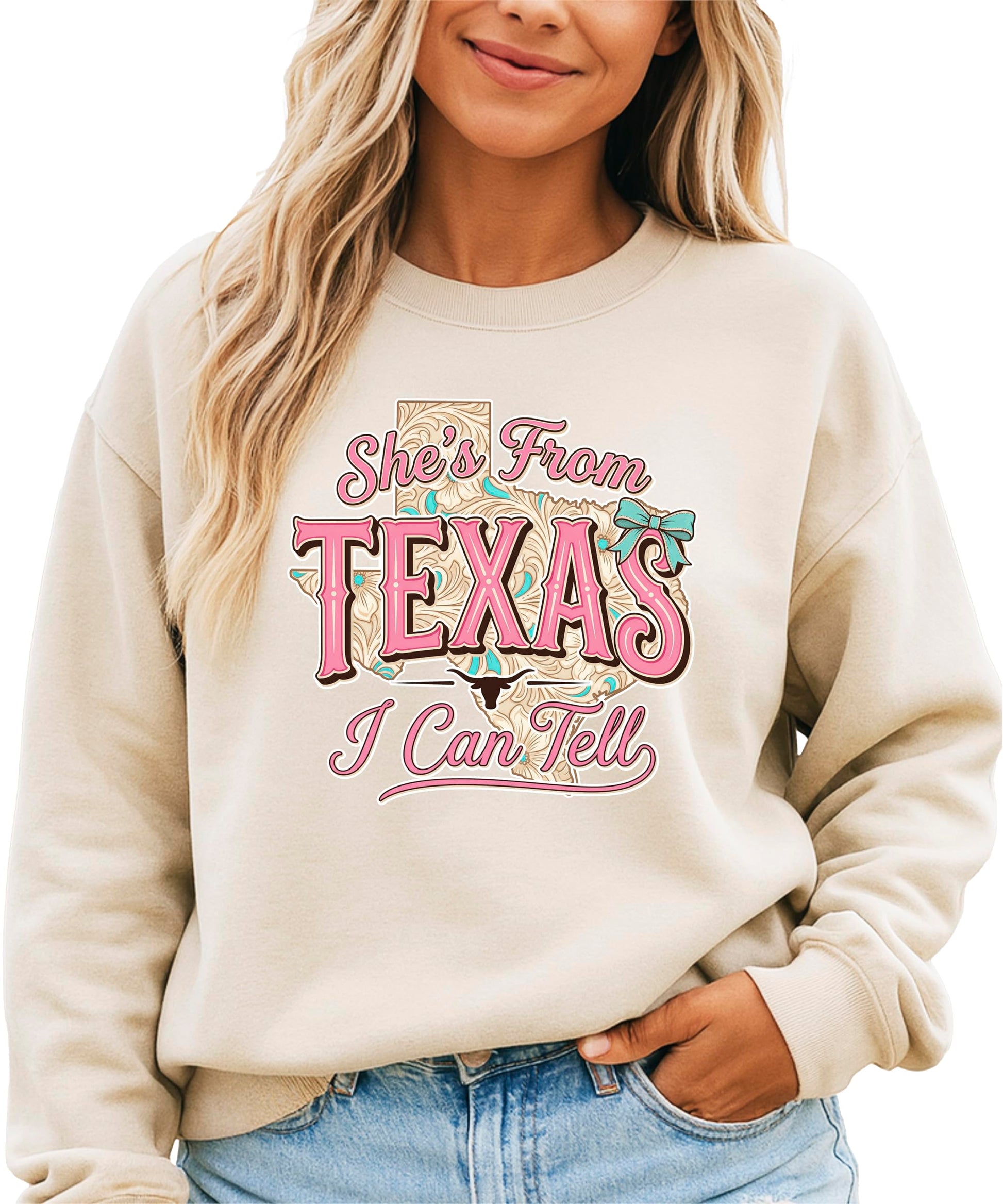 Close-up detail of She's From Texas western graphic print on army green sweatshirt