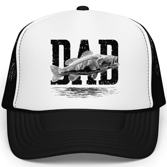 Dad Bass Fishing trucker hat with distressed DAD text and bass fish graphic on structured front panel