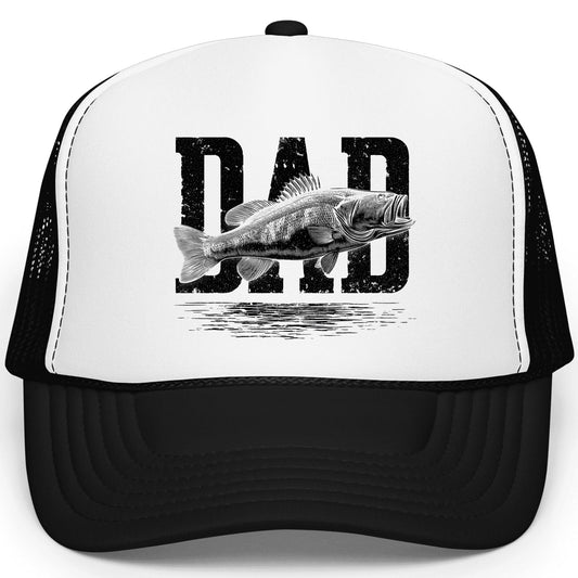 Dad Bass Fishing trucker hat with distressed DAD text and bass fish graphic on structured front panel