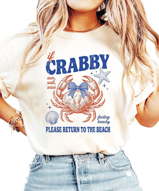 Back view of If Crabby Please Return to Beach shirt showing garment dyed texture