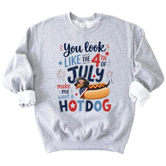 You Look Like the 4th of July dachshund hotdog sweatshirt in white with patriotic red white blue design
