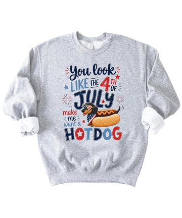You Look Like the 4th of July dachshund hotdog sweatshirt in white with patriotic red white blue design