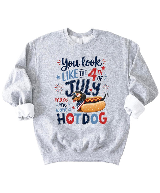 You Look Like the 4th of July dachshund hotdog sweatshirt in white with patriotic red white blue design