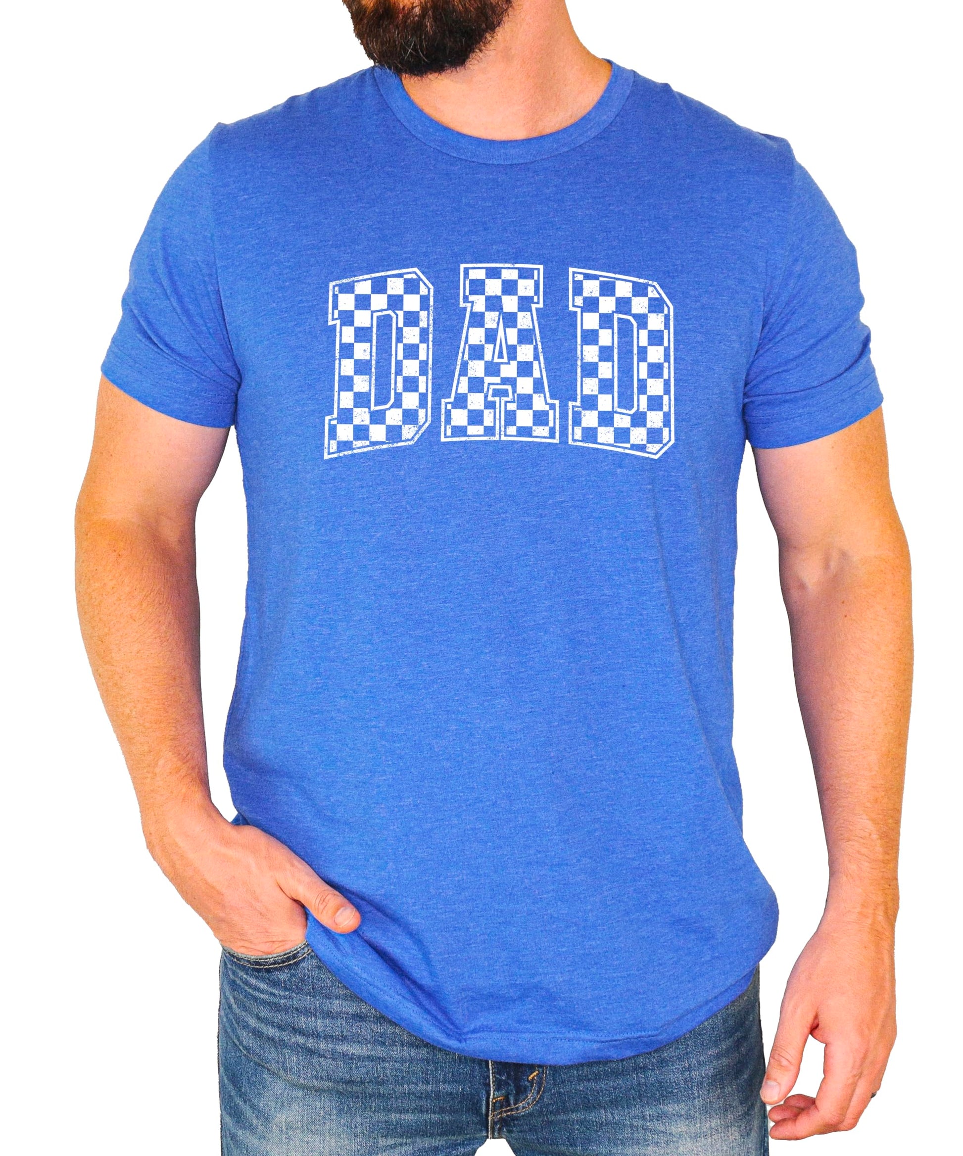 Full front view of man wearing black checkered DAD graphic tee shirt
