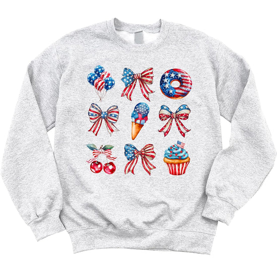 Gray crewneck sweatshirt displaying same patriotic red white blue watercolor design with Americana summer treats and bows