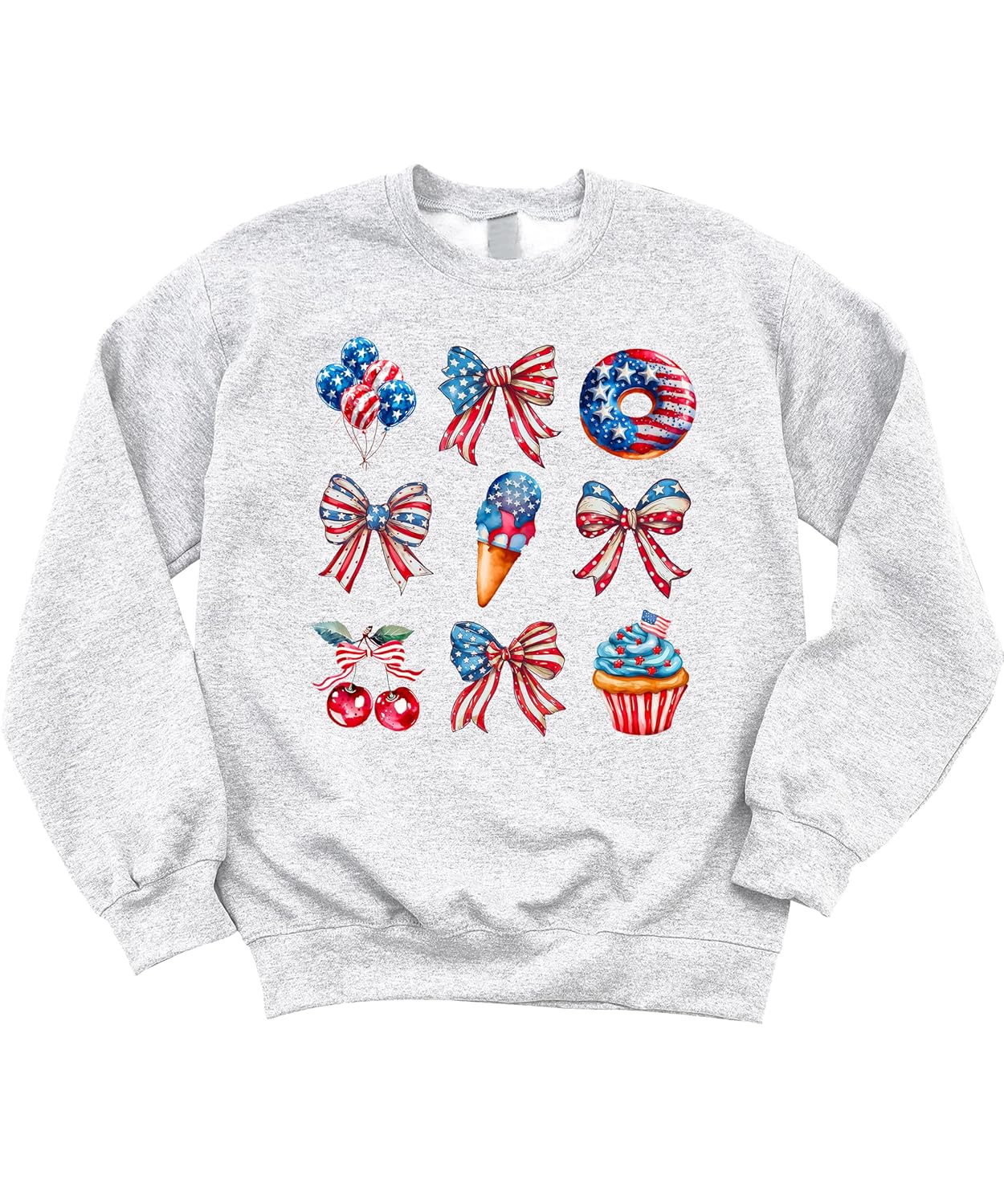 Gray crewneck sweatshirt displaying same patriotic red white blue watercolor design with Americana summer treats and bows