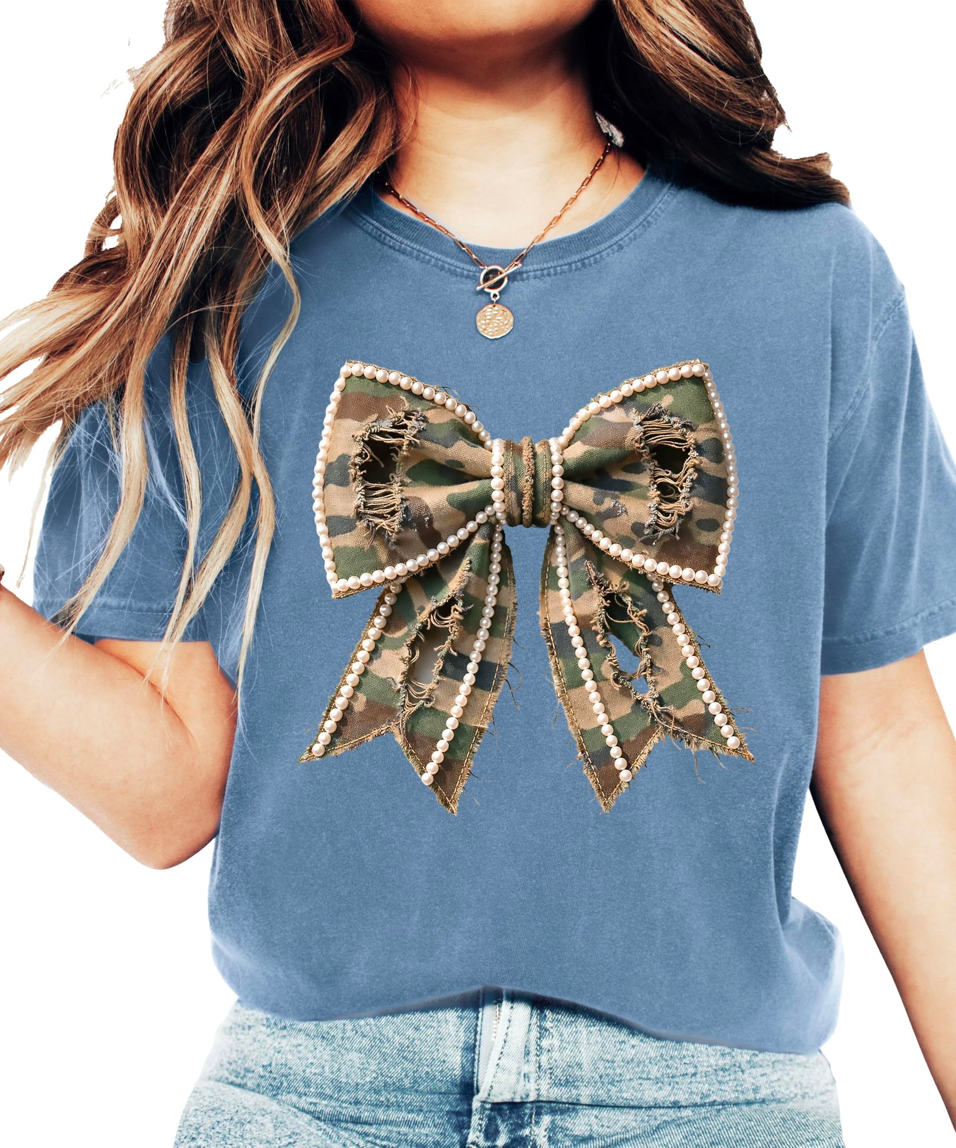 Camo and pearls bow graphic shirt displayed flat showing complete design