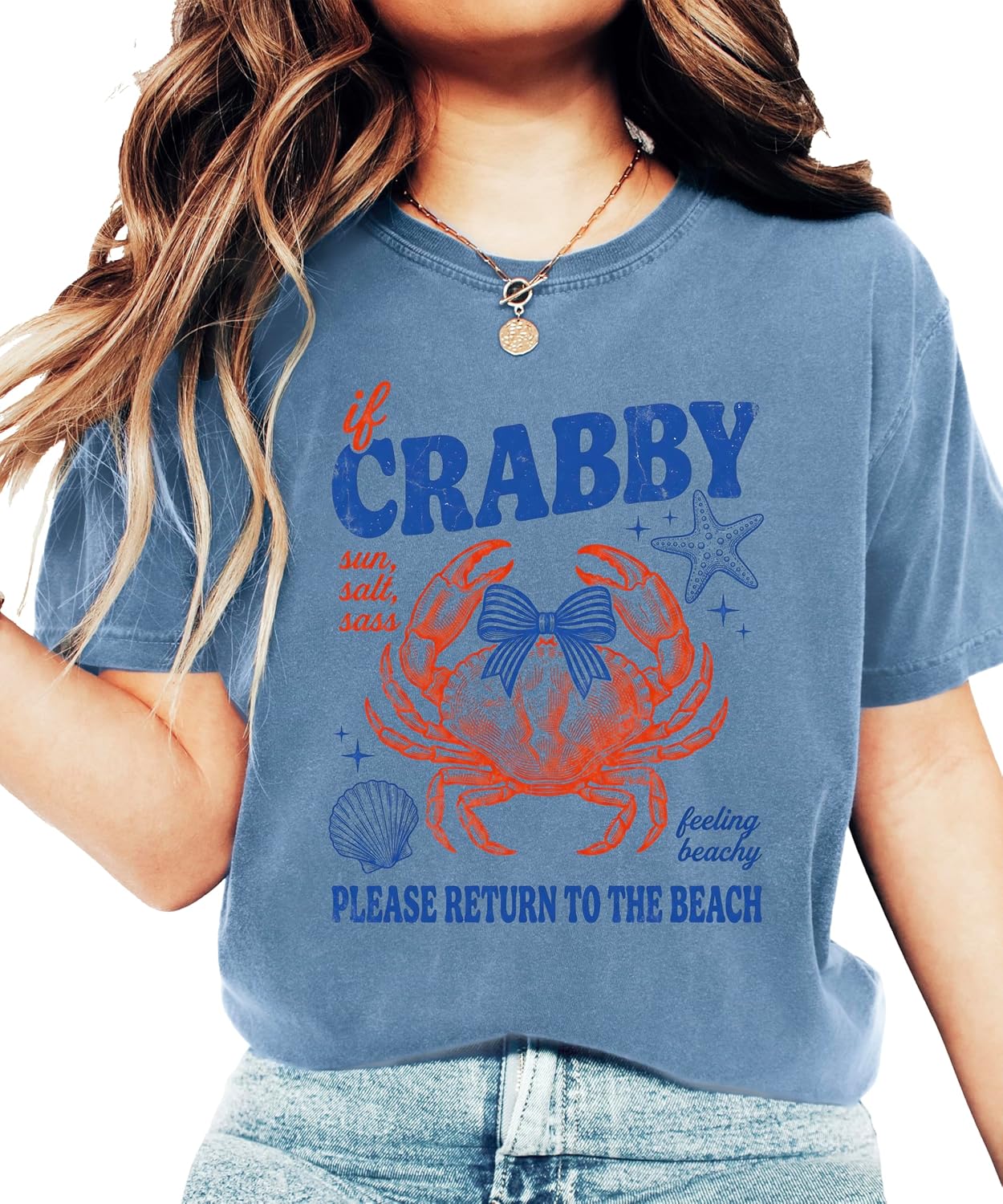 If Crabby Please Return to the Beach ivory shirt with vintage crab bow design flat lay