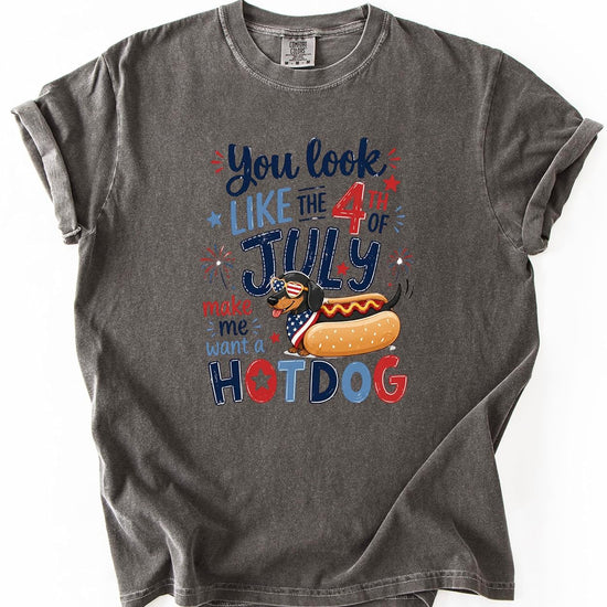 Back view of gray patriotic dachshund hot dog graphic t-shirt showing print placement