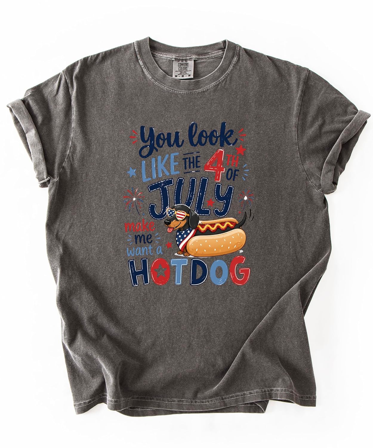 Back view of gray patriotic dachshund hot dog graphic t-shirt showing print placement