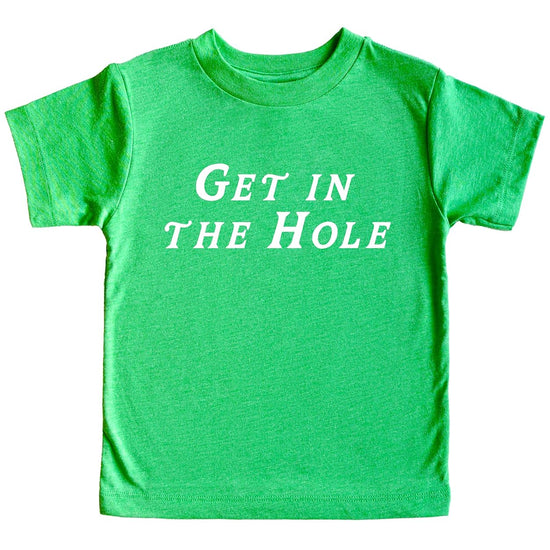Model wearing Get in the Hole golf tee demonstrating relaxed unisex fit