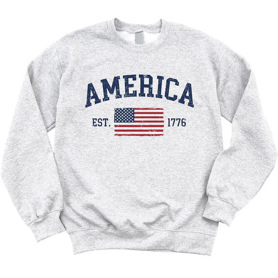 Back view of America Est 1776 patriotic sweatshirt showing clean design without graphics