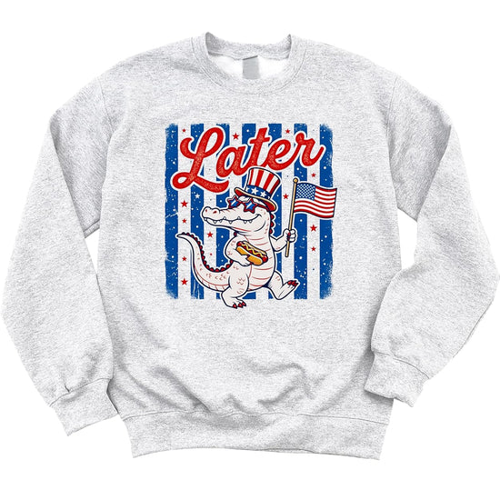 White sweatshirt with Later Gator 4th of July design featuring patriotic alligator graphic in red white blue