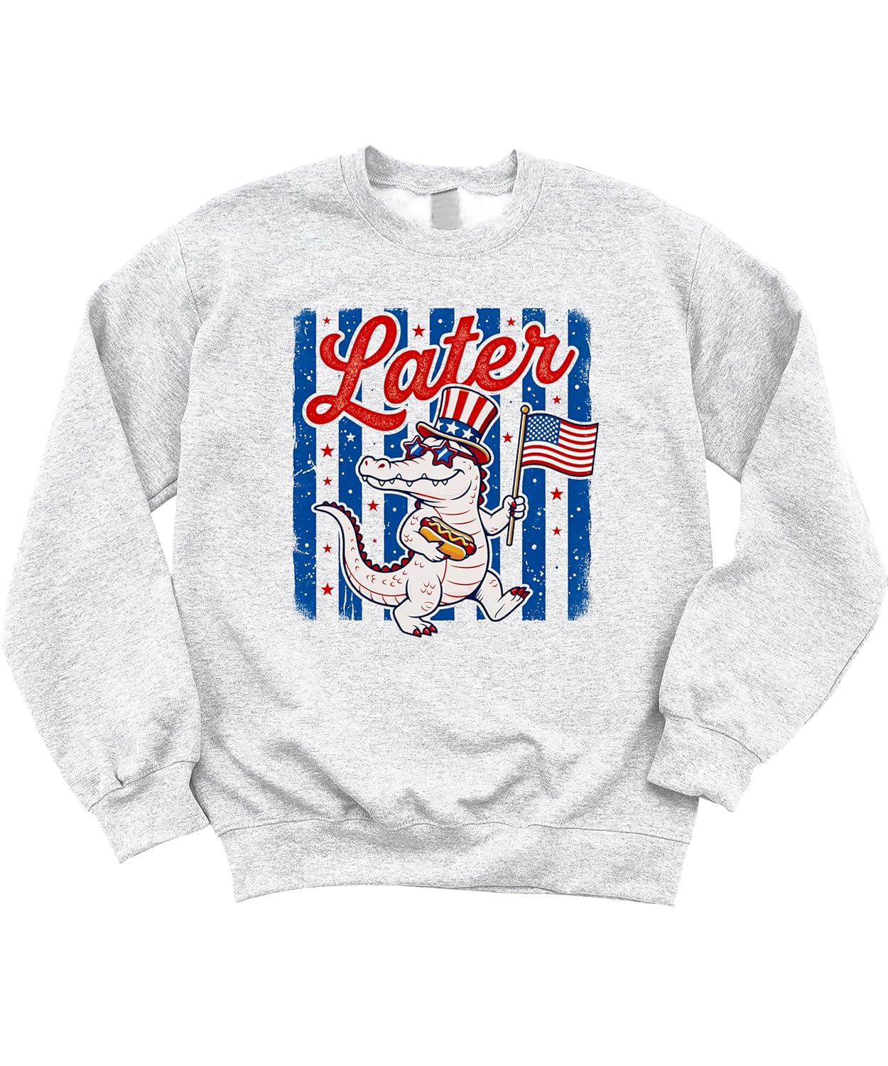 White sweatshirt with Later Gator 4th of July design featuring patriotic alligator graphic in red white blue