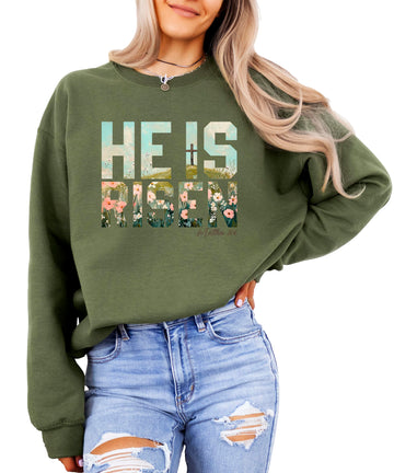 Olive Loves Apple He Is Risen Christian Sweatshirt for Women - Floral Easter Faith Crewneck