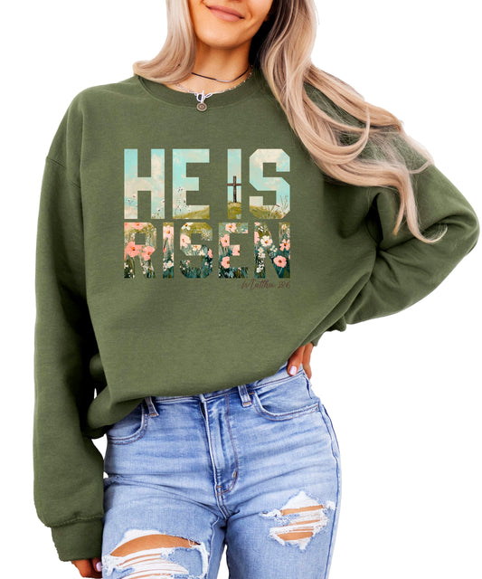 Olive Loves Apple He Is Risen Christian Sweatshirt for Women - Floral Easter Faith Crewneck