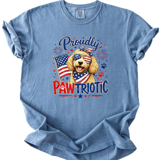 Proudly Pawtriotic doodle dog 4th of July women's graphic tee with golden retriever in patriotic sunglasses