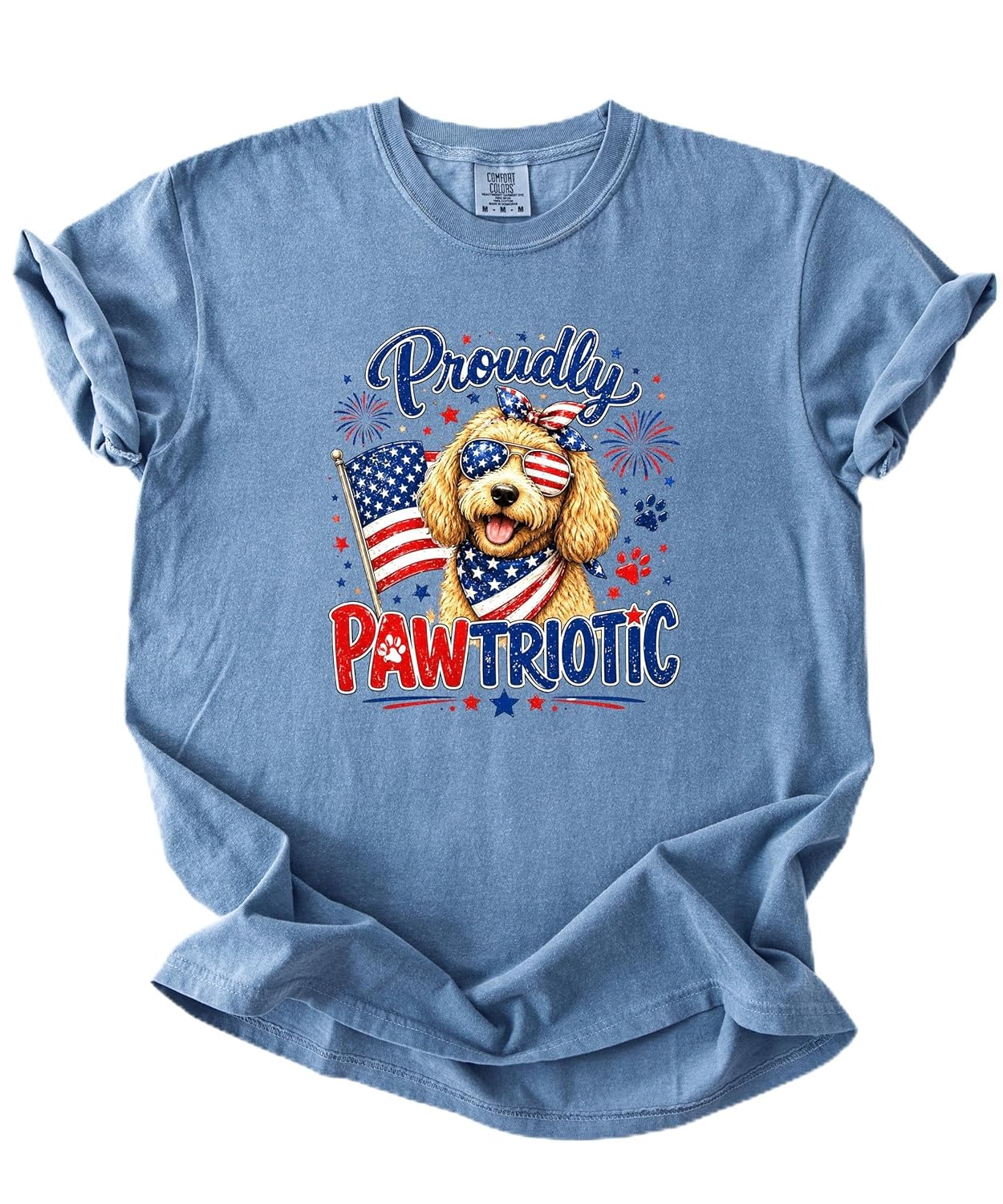 Proudly Pawtriotic doodle dog 4th of July women's graphic tee with golden retriever in patriotic sunglasses