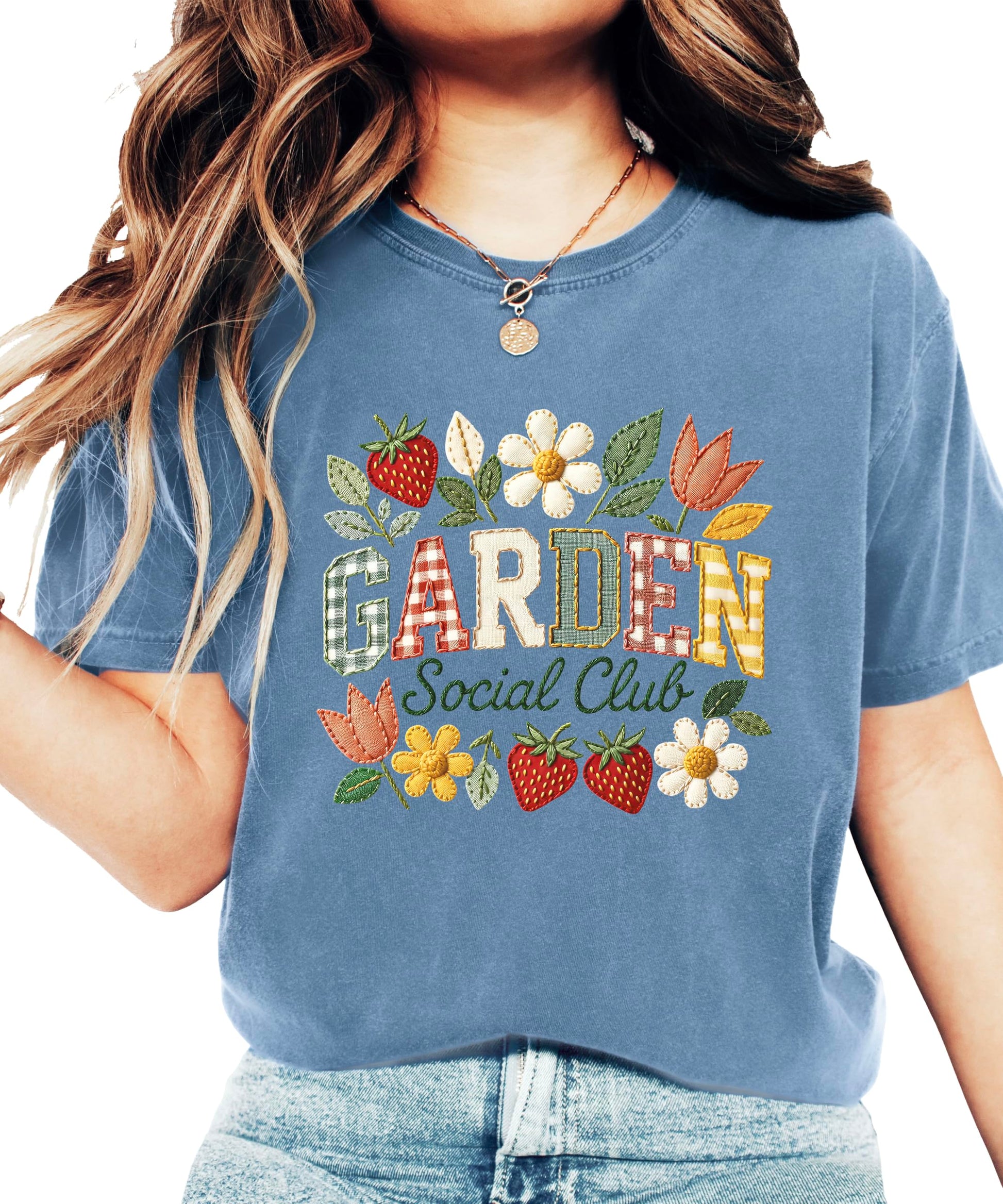 Product details and sizing information for Garden Social Club floral women's shirt