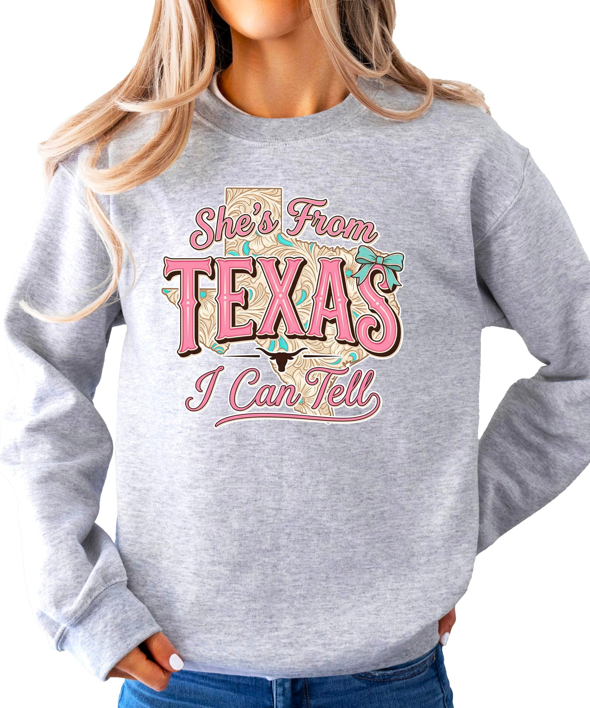 Back view of Texas cowgirl sweatshirt showing plain army green fabric and relaxed fit