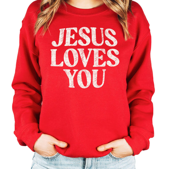 Back view of Jesus Loves You christian sweatshirt showing fit and style